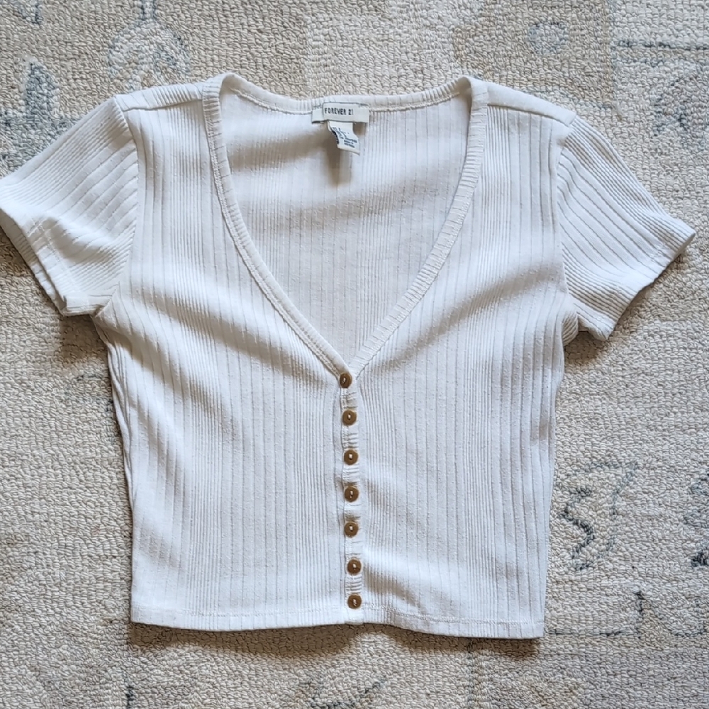 Forever 21 Ribbed Button-Up Cream Crop Top